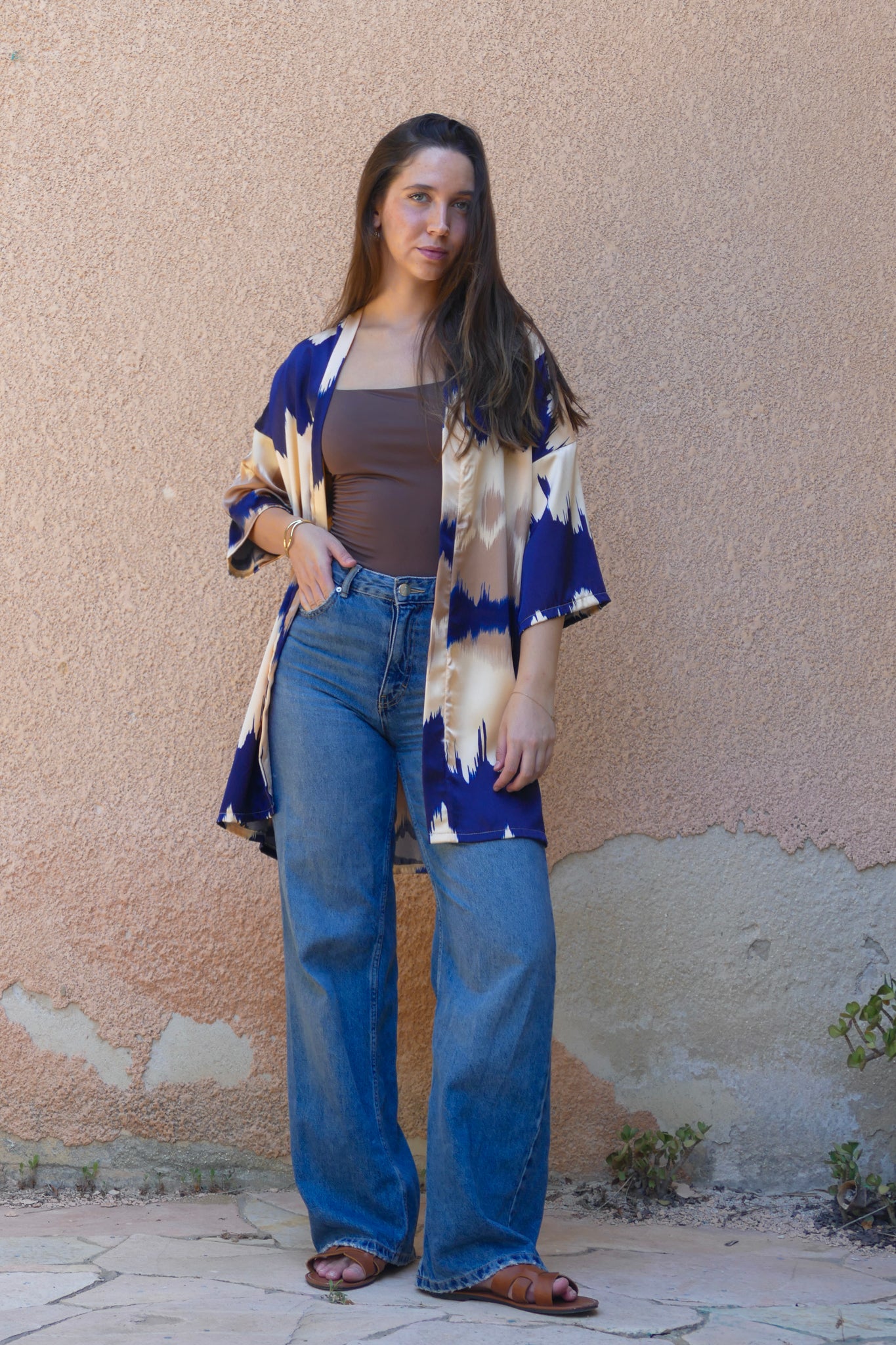 Blue and Beige Satin Kimono