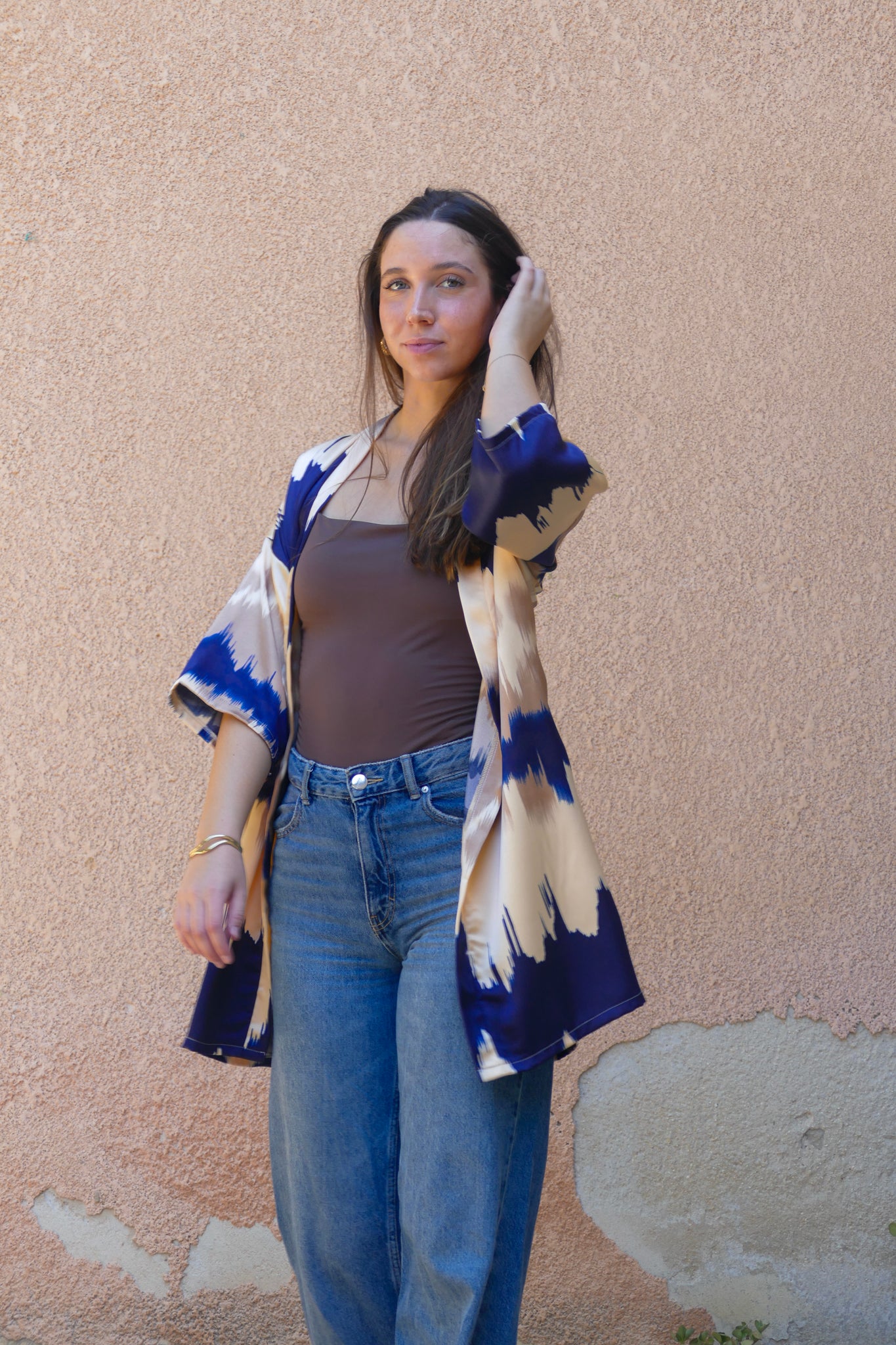 Blue and Beige Satin Kimono