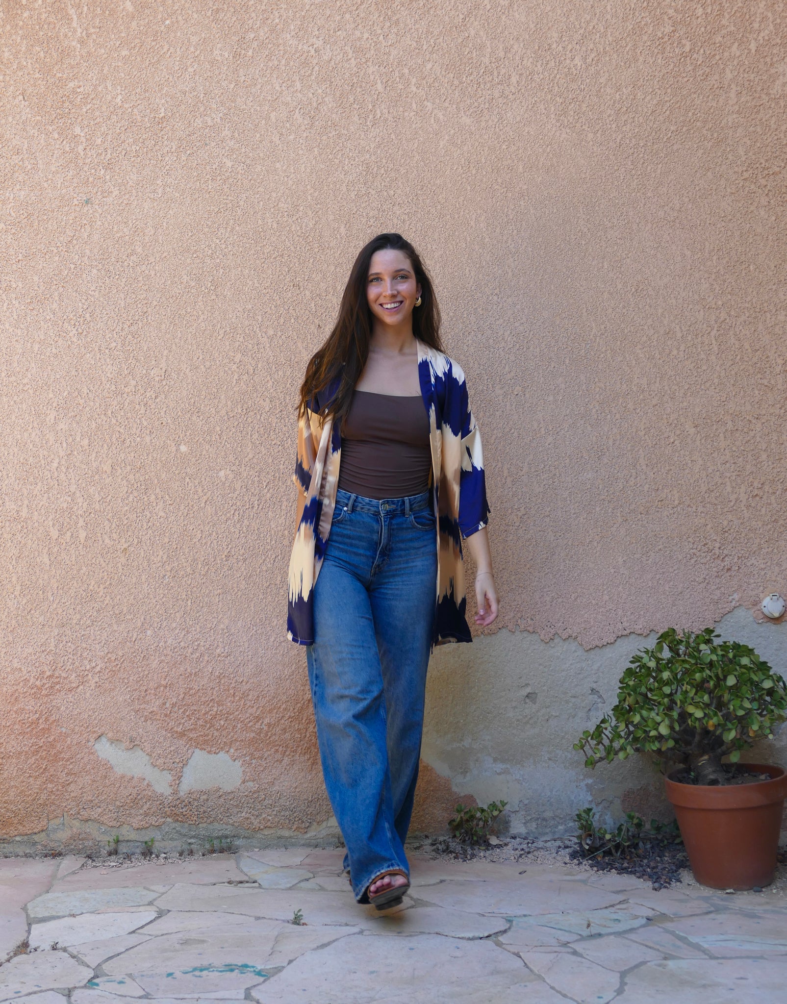 Blue and Beige Satin Kimono