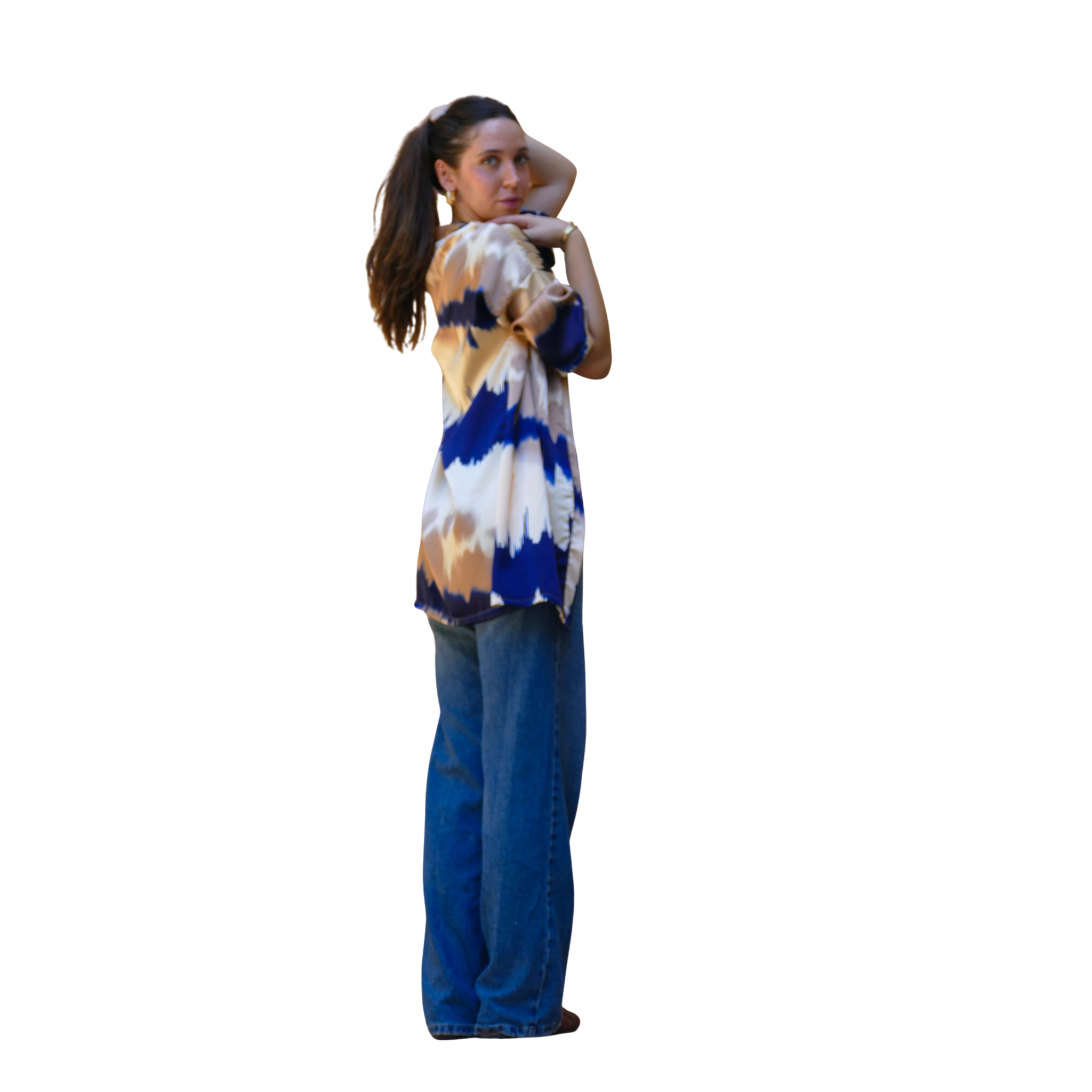 Blue and Beige Satin Kimono