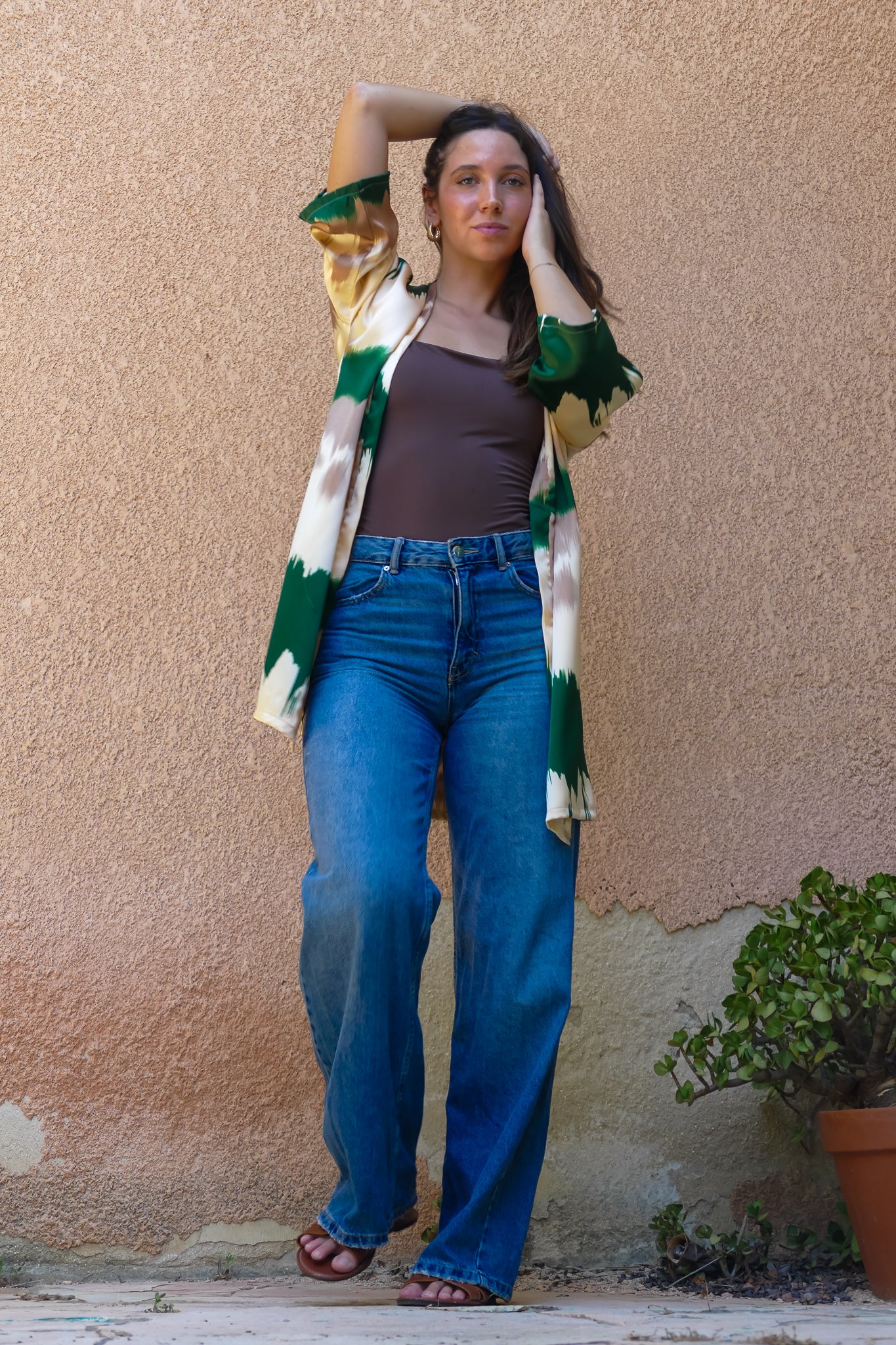 Brush Print Satin Kimono