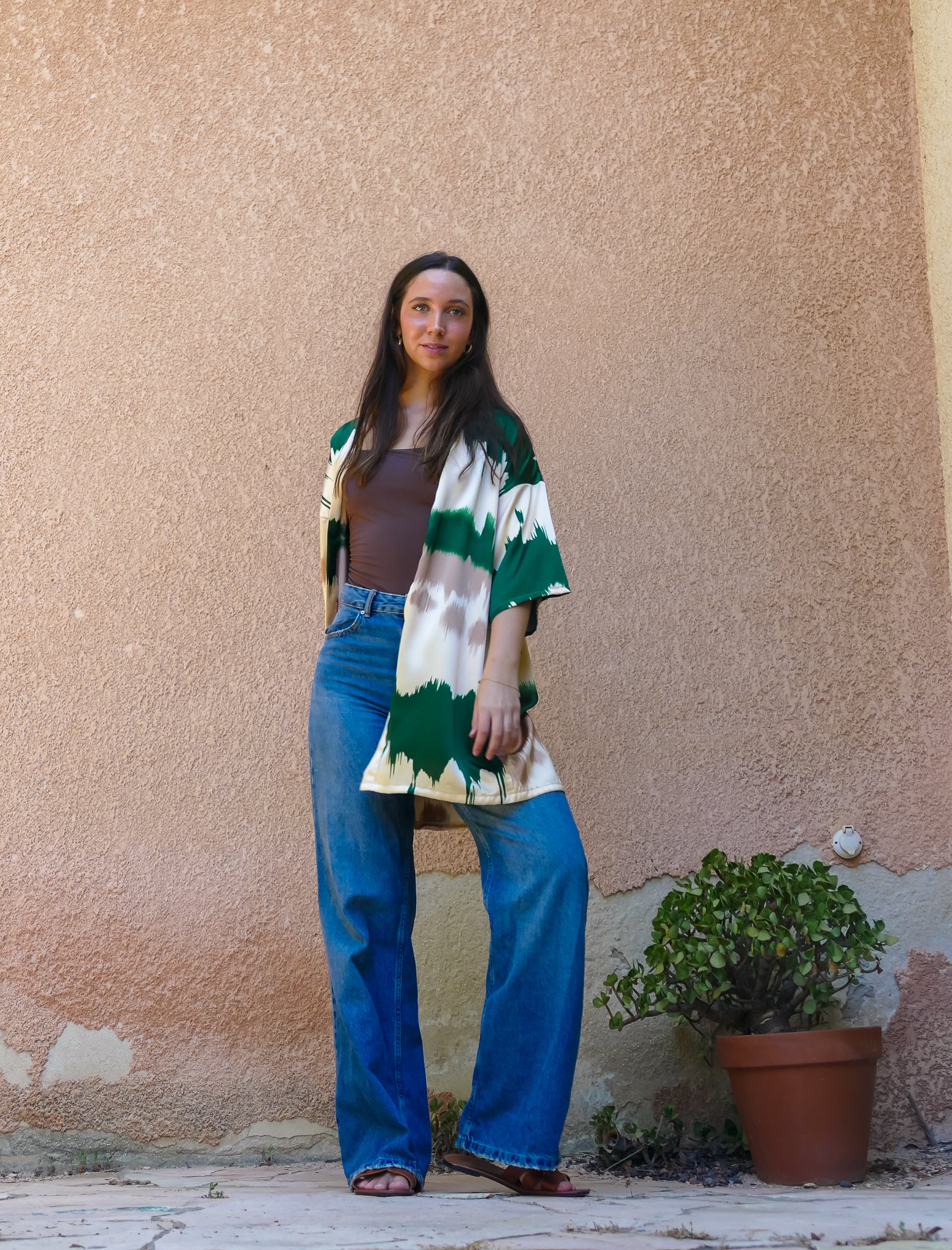 Brush Print Satin Kimono