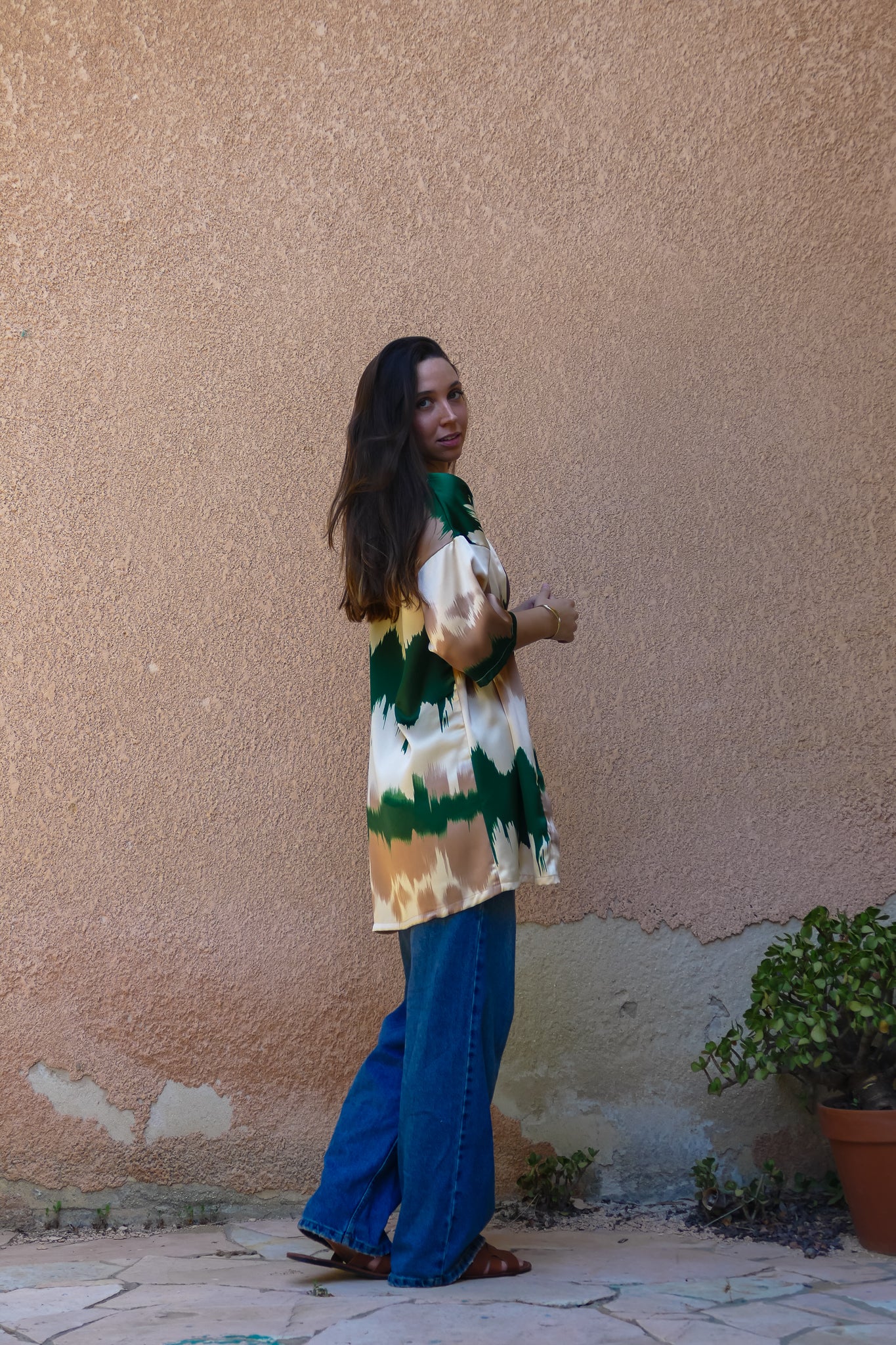 Brush Print Satin Kimono