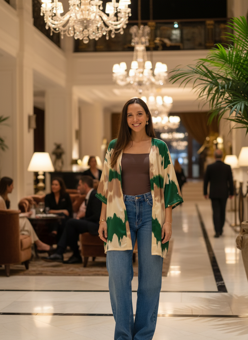 Brush Print Satin Kimono