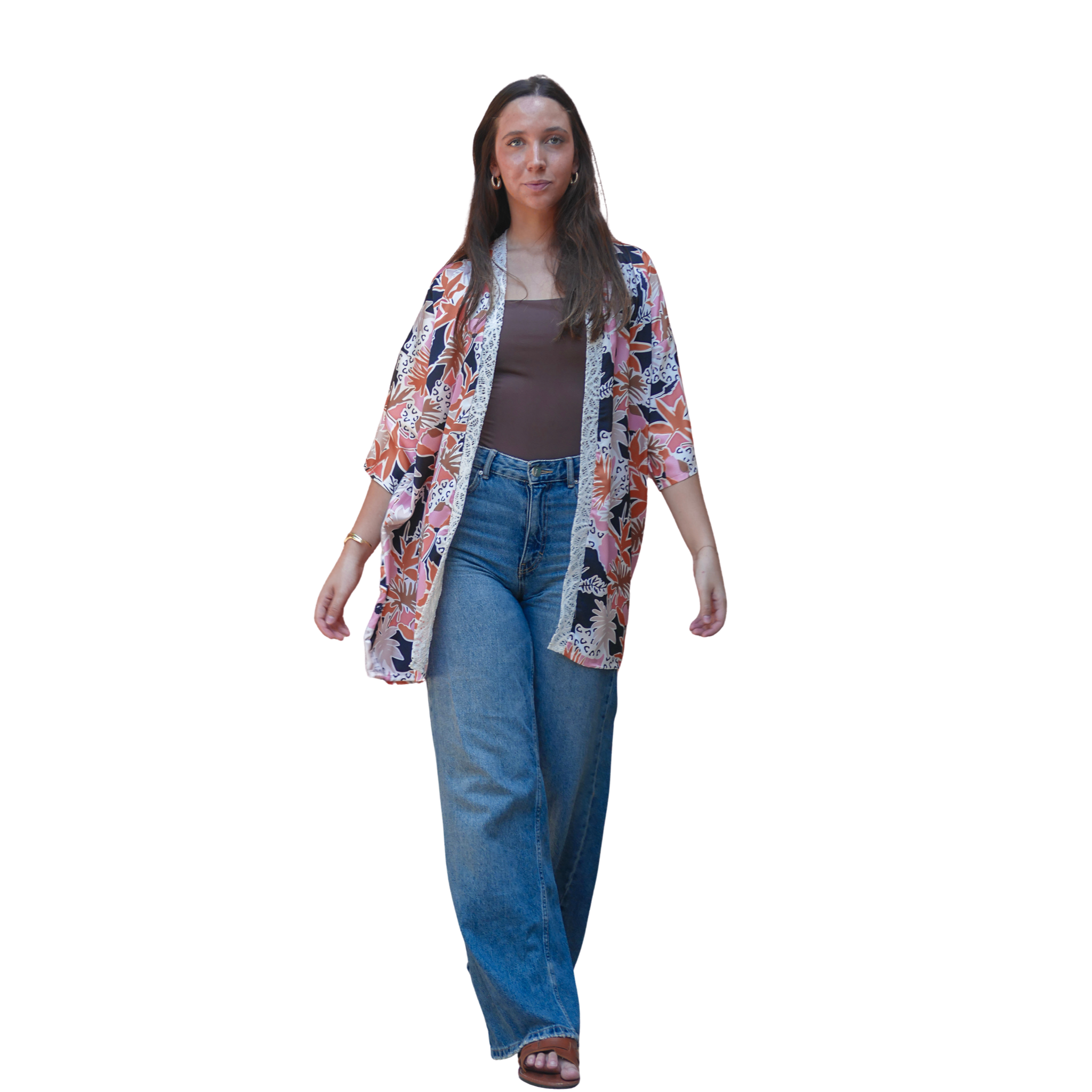 עליונית קימונו פרחוני עם תחרה