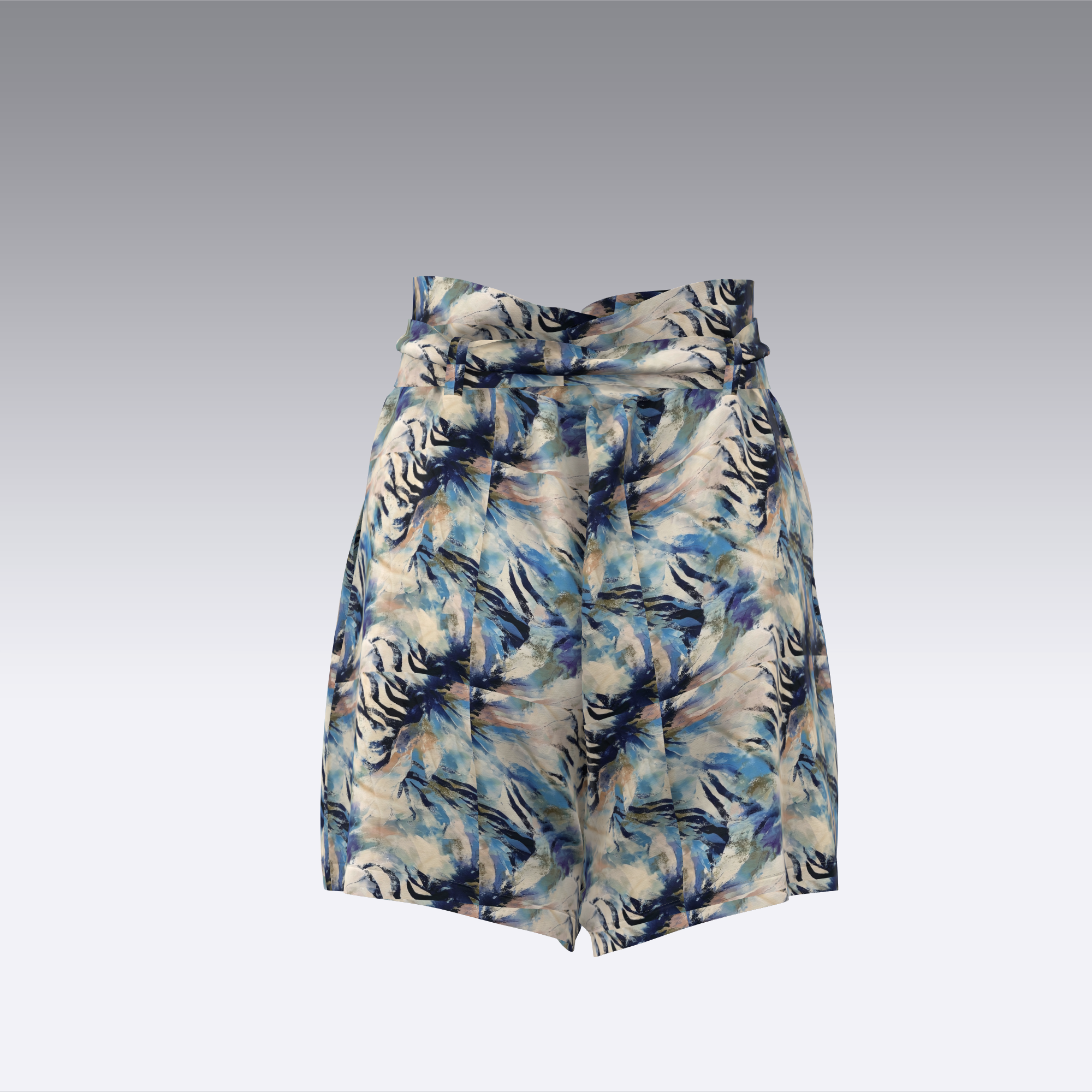 Abstract Blue Sateen Paperbag Shorts