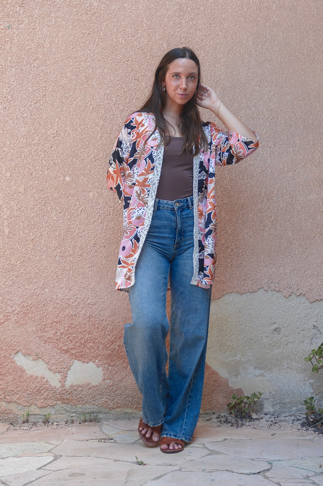 White lace floral kimono cardigan