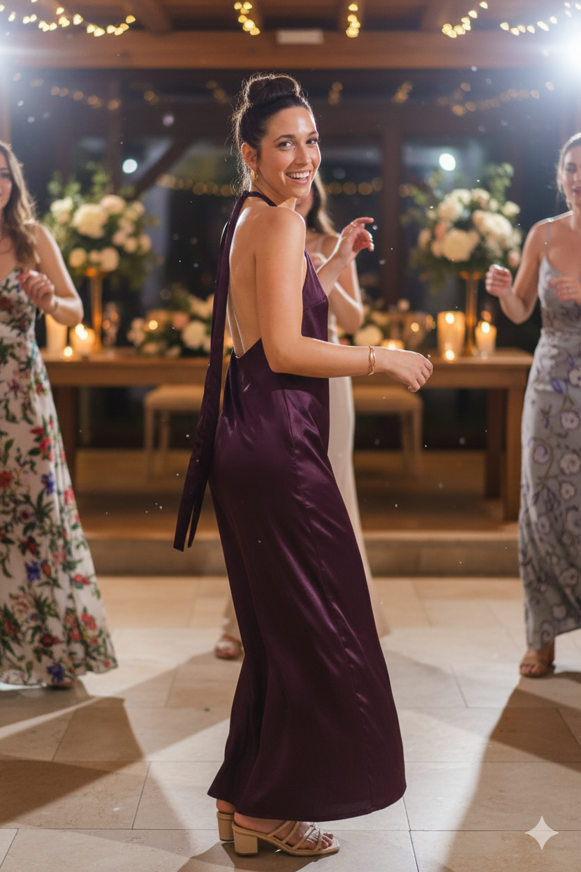 Woman in a purple dress at a formal event with other guests.