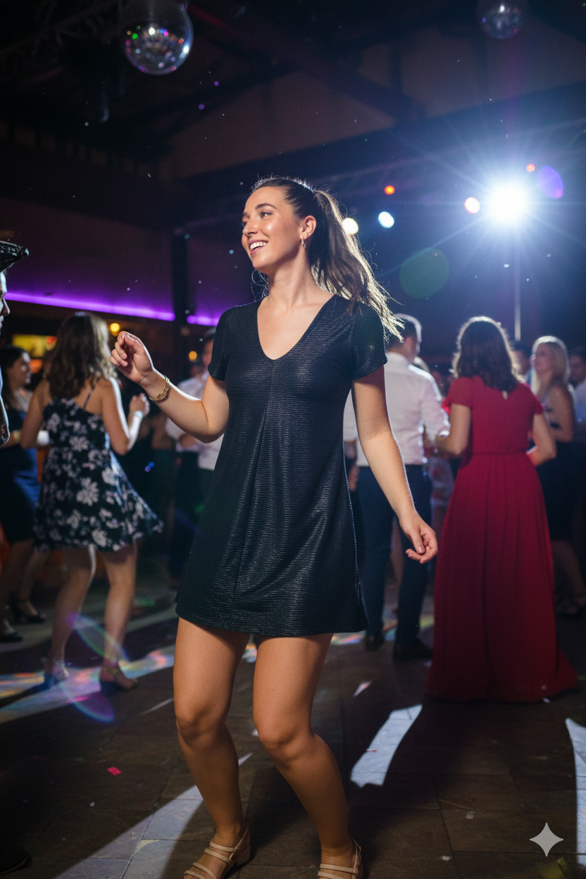 Woman in a black dress dancing at a party with other people in the background.