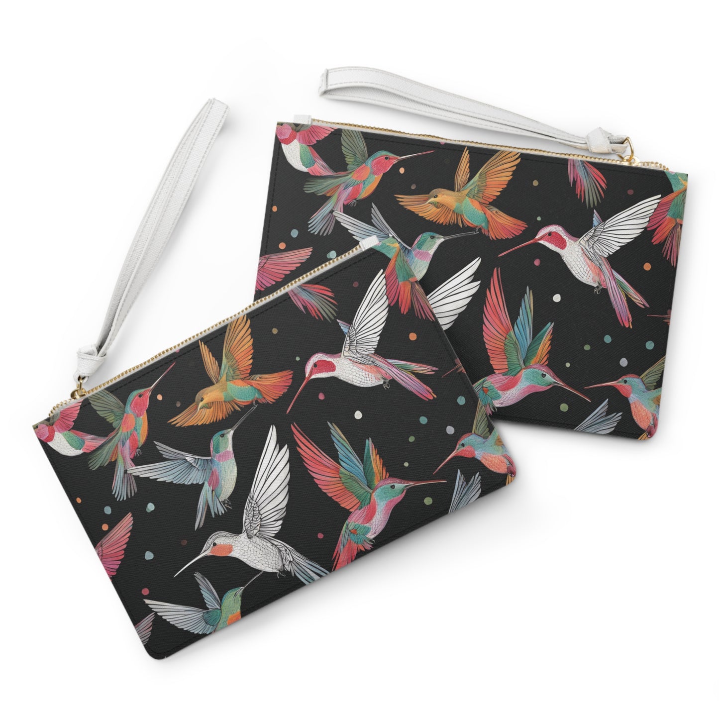 Clutch Bag - Colorful Hummingbird Print on Black Background