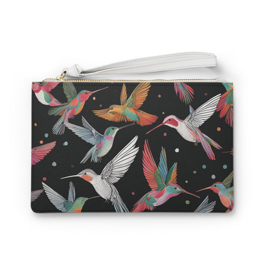 Clutch Bag - Colorful Hummingbird Print on Black Background