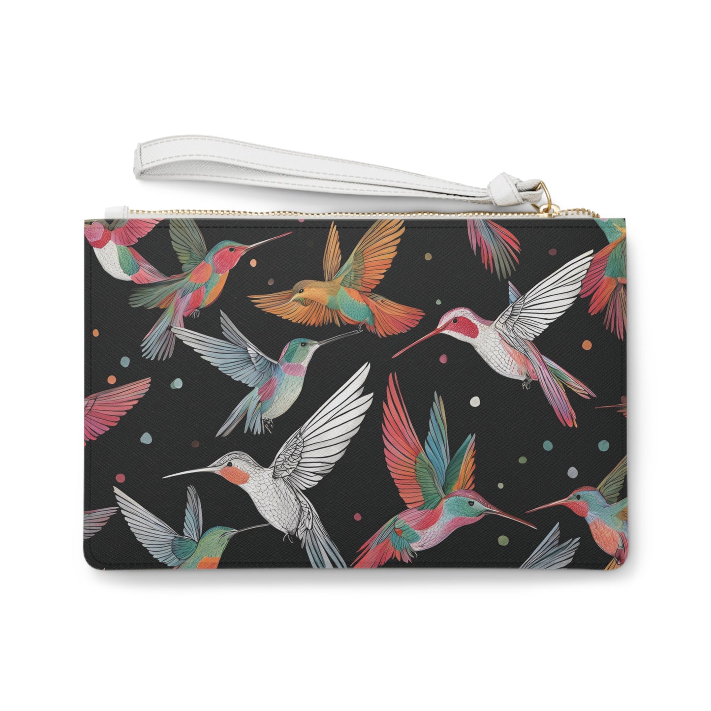 Clutch Bag - Colorful Hummingbird Print on Black Background