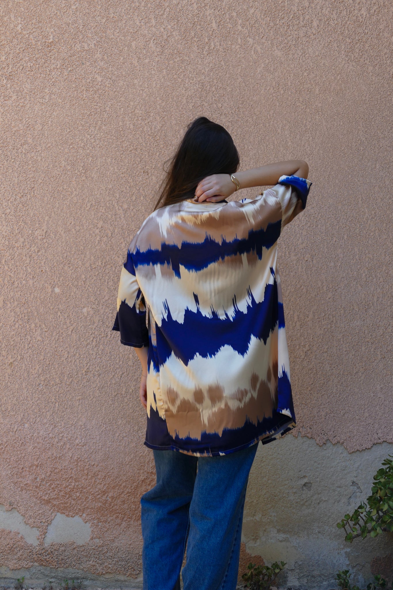 Blue and Beige Satin Kimono