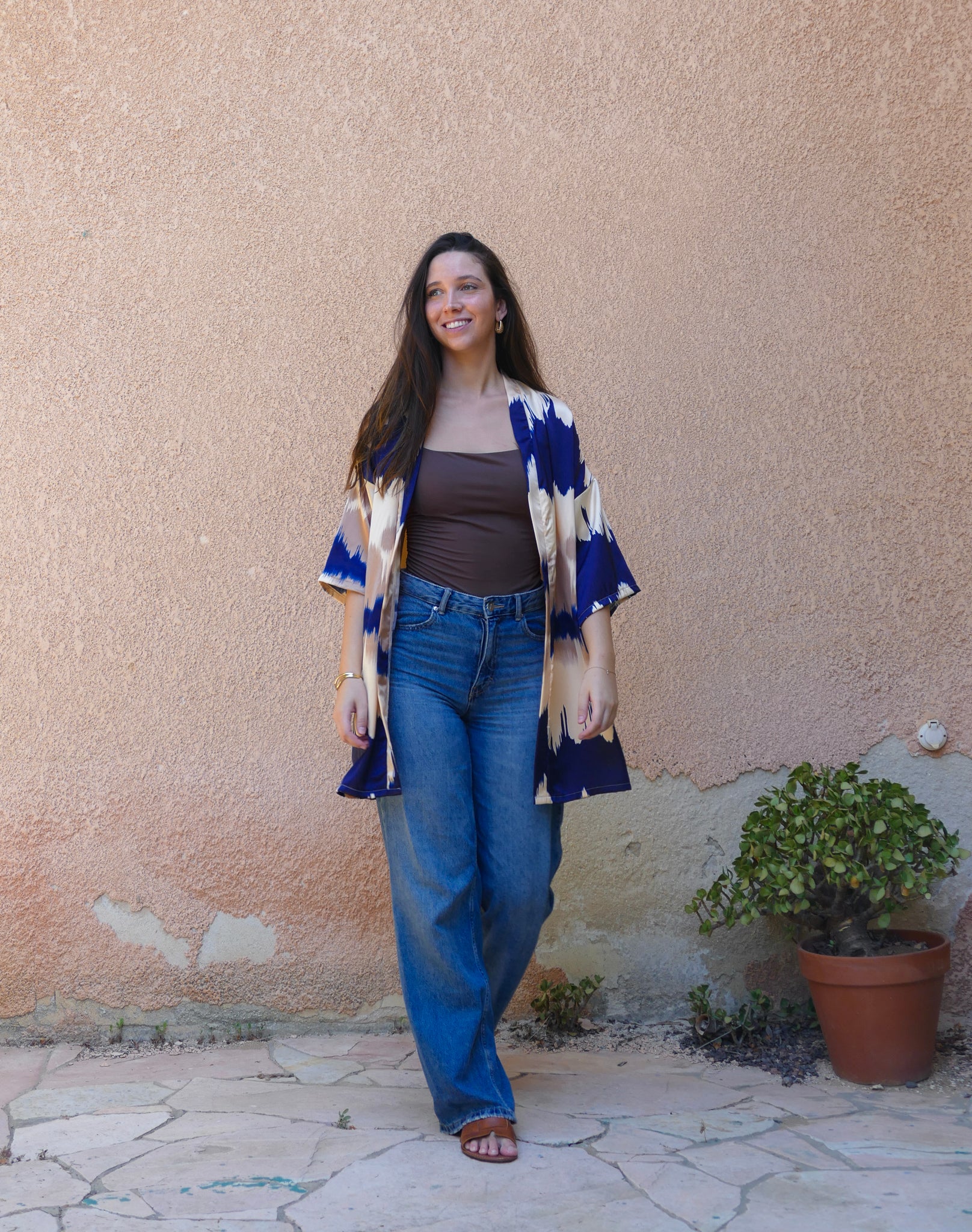 Blue and Beige Satin Kimono
