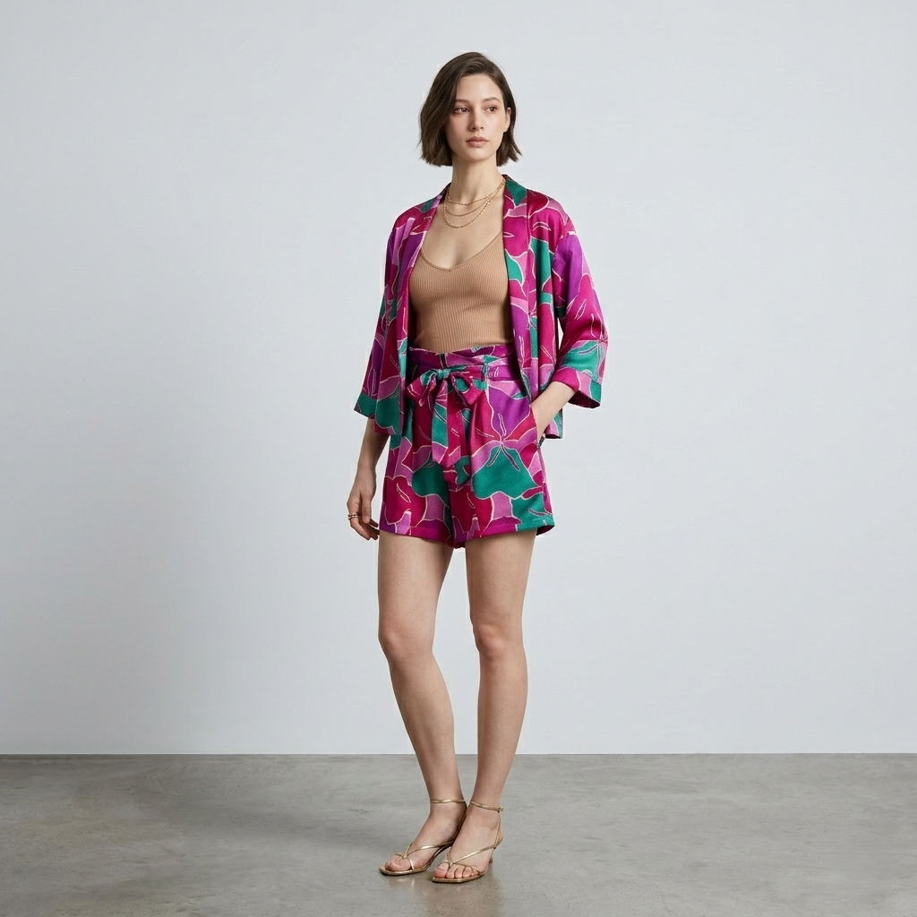 Floral Pink Sateen Paperbag Shorts