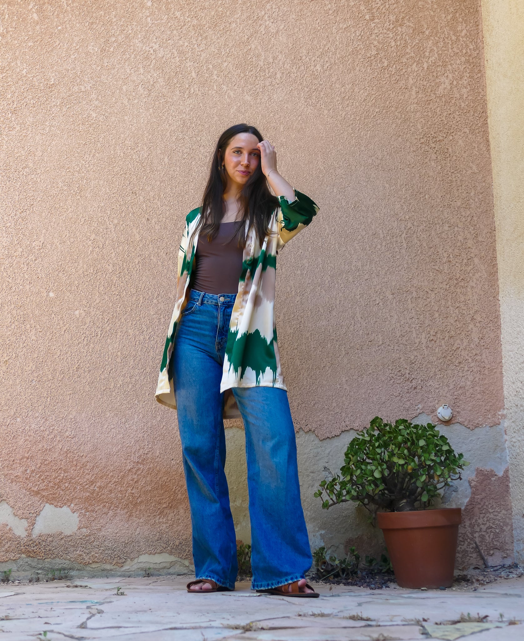 Brush Print Satin Kimono