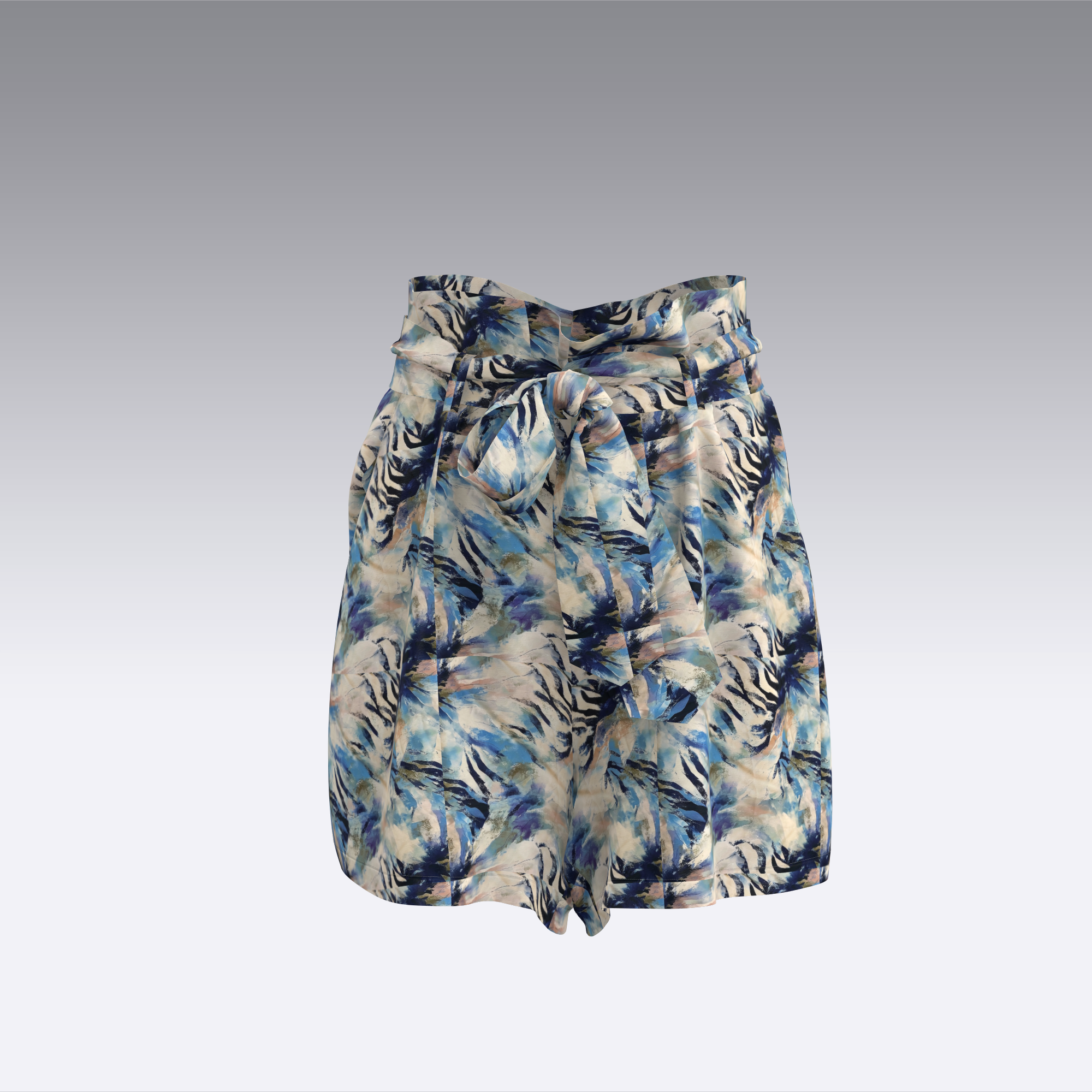 Abstract Blue Sateen Paperbag Shorts