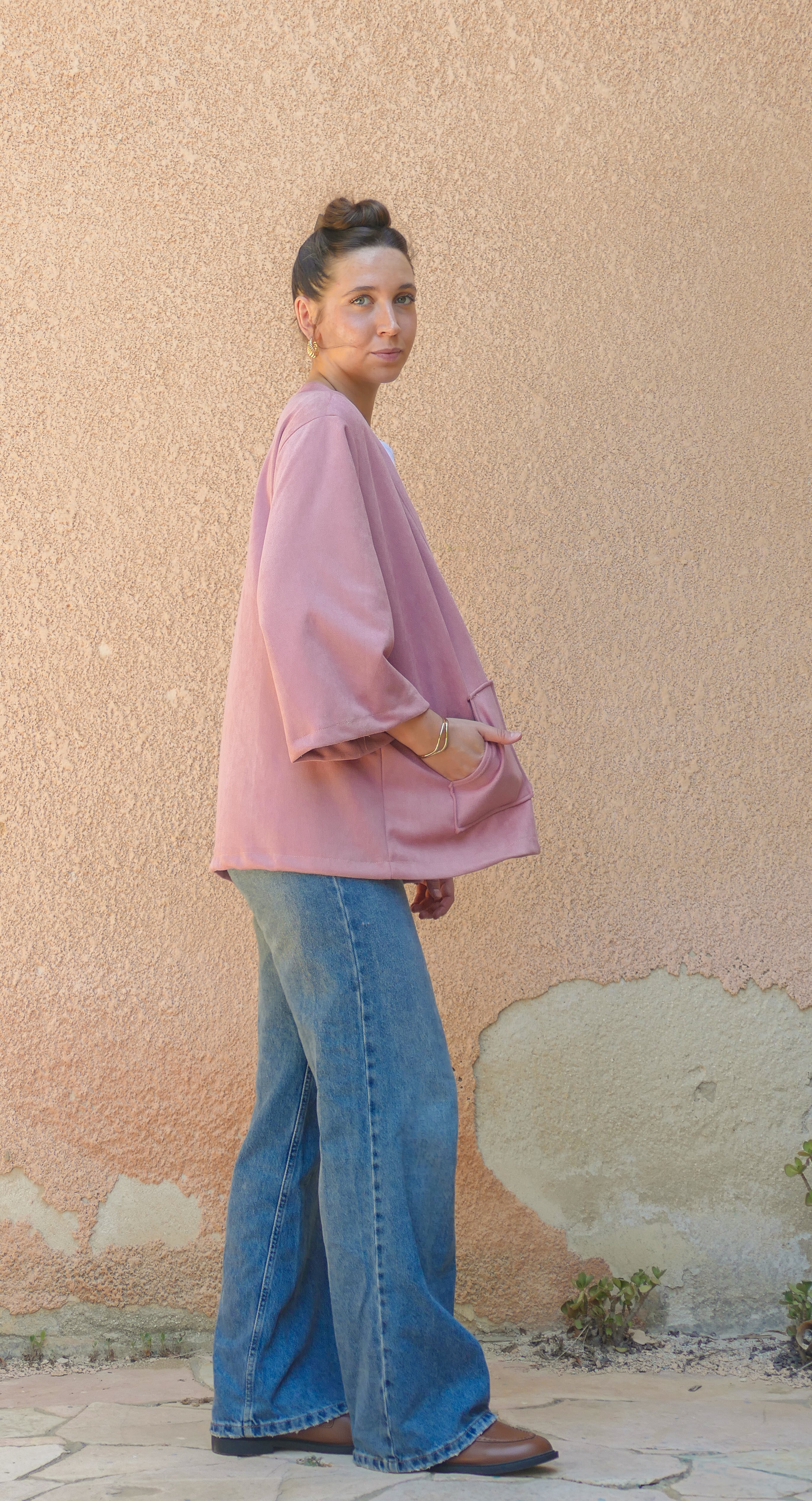 ג'קט נולה - קימונו דמוי זמש ורוד