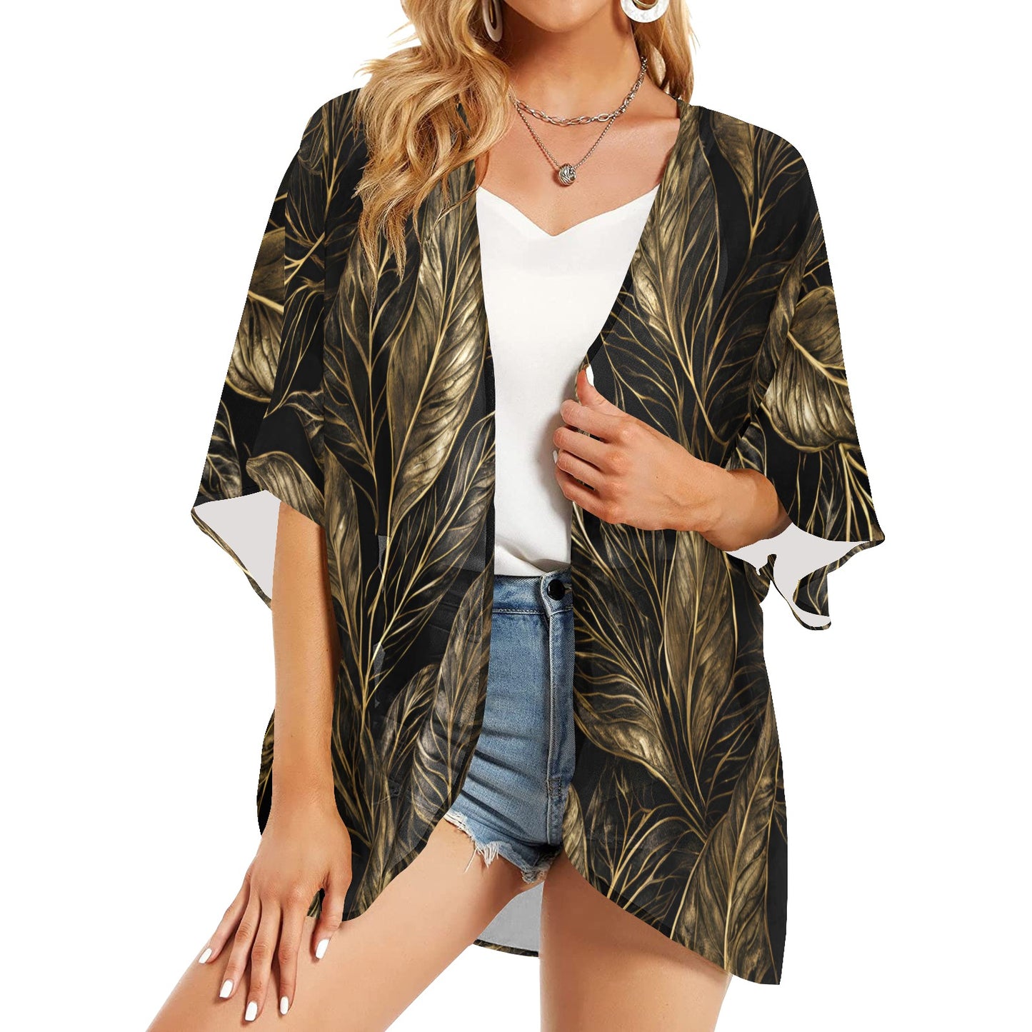 Golden Leaf Kimono Chiffon Cover Up